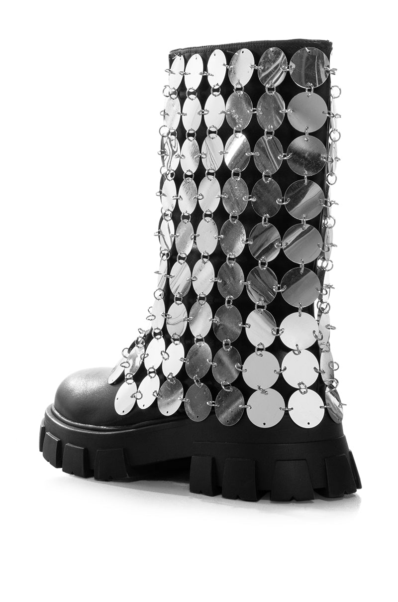 AZALEA WANG QUINNIE SILVER DISC EMBELLISHED BOOT IN BLACK