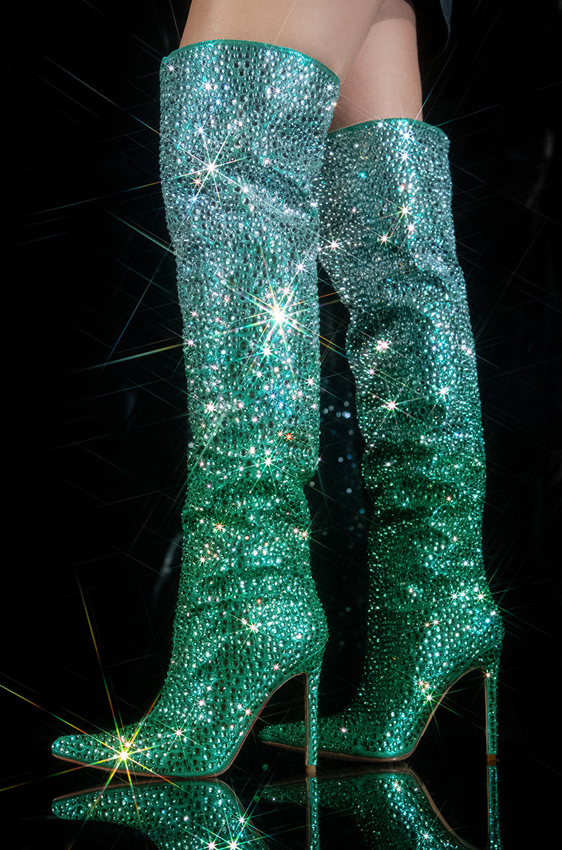 AZALEA WANG BERGAMONT GREEN OMBRE RHINESTONE EMBELLISHED BOOT