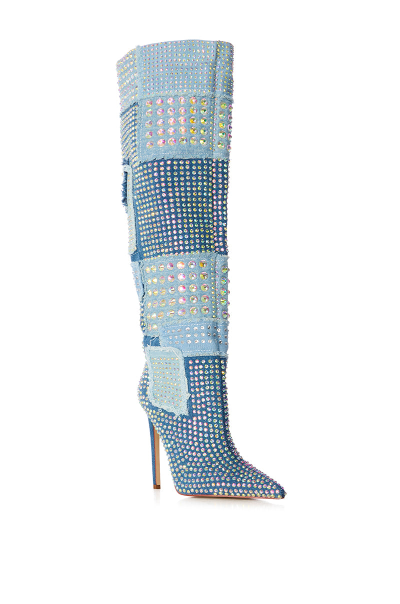 AZALEA WANG MAYABELLE DENIM AND DIAMONDS PATCHWORK BOOT