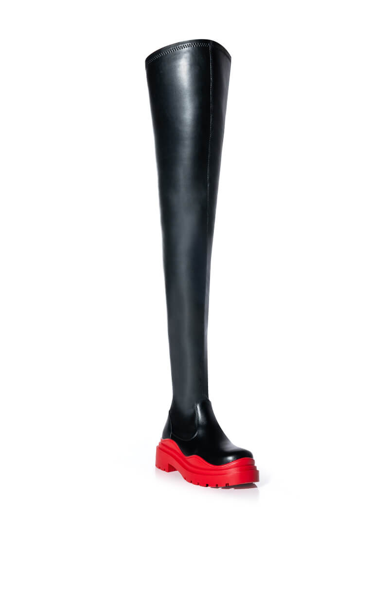 AZALEA WANG NAOMI THIGH HIGH STRETCH FLATFORM BOOT IN RED