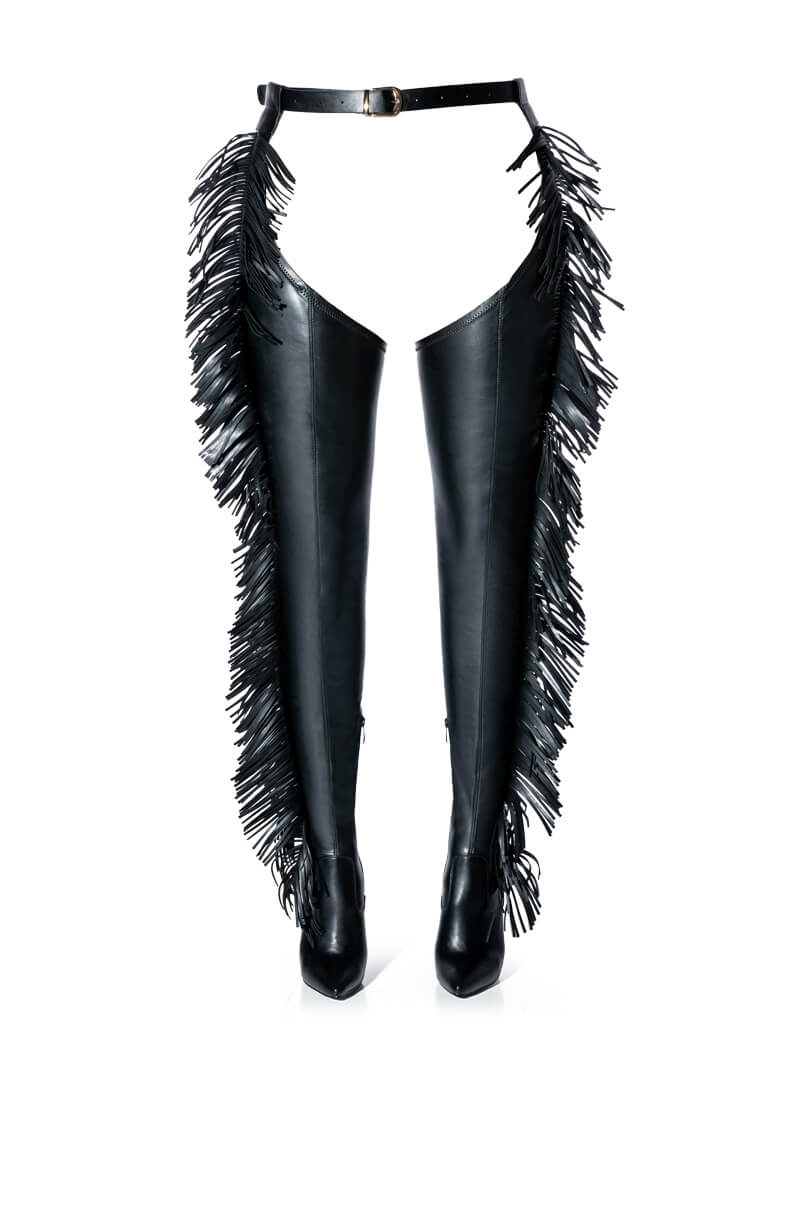 AZALEA WANG RIDE AT DAWN BELTED THIGH HIGH STILETTO FRINGE CHAP BOOT WITH 4 WAY STRETCH