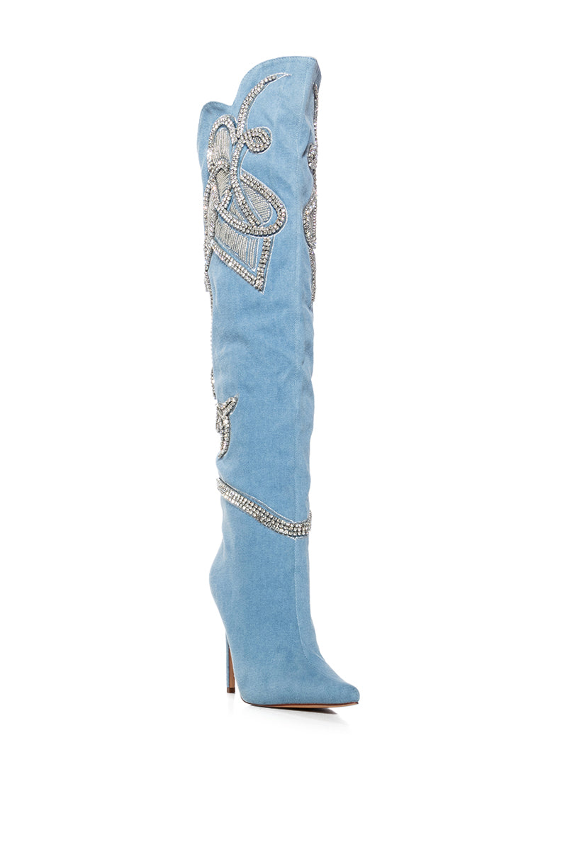 AZALEA WANG EVERLEE DENIM SILVER EMBELLISHED BOOT