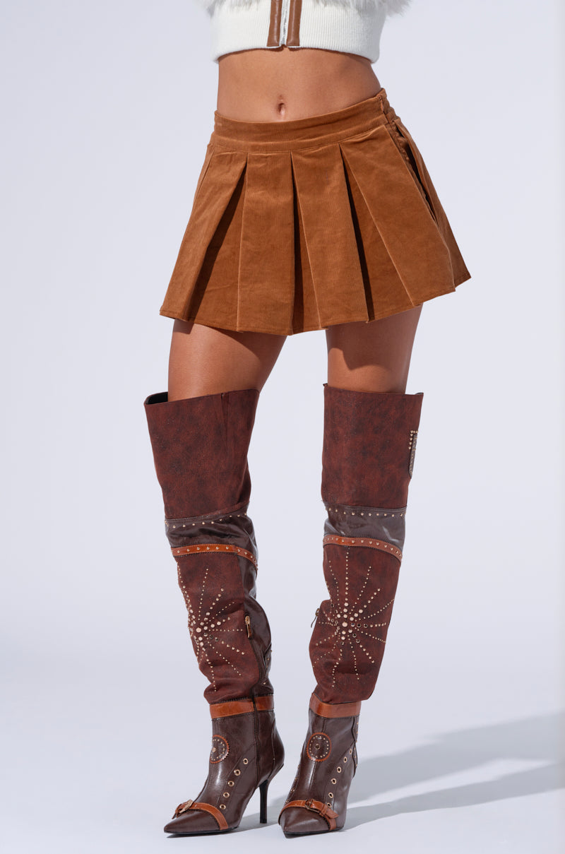 RUN AFTER YOU CORDUROY MINI SKIRT IN BROWN