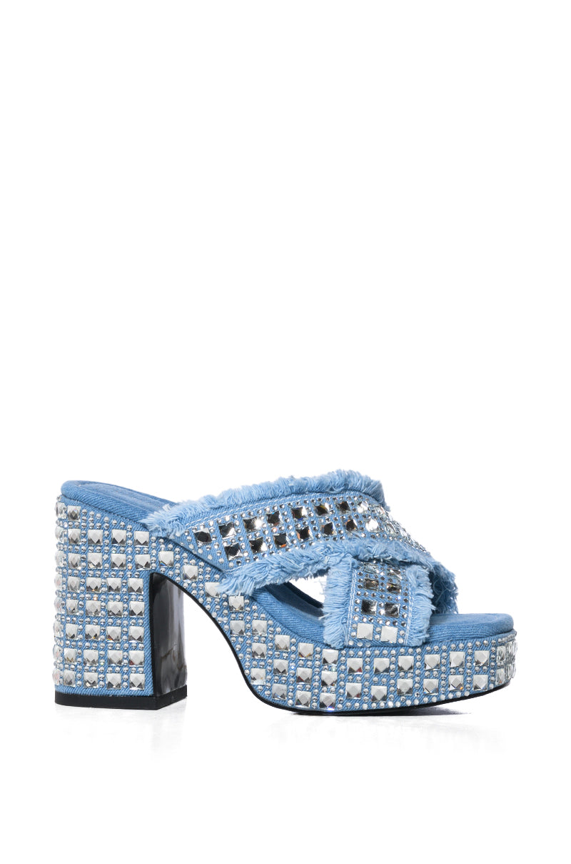 AZALEA WANG EVALINA DENIM AND SILVER STUDDED SANDAL