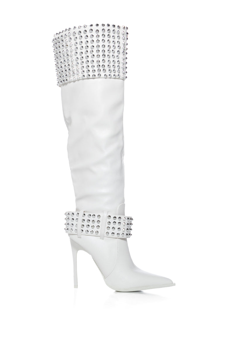 AZALEA WANG MARLENA SILVER STUDDED CREAM BOOT