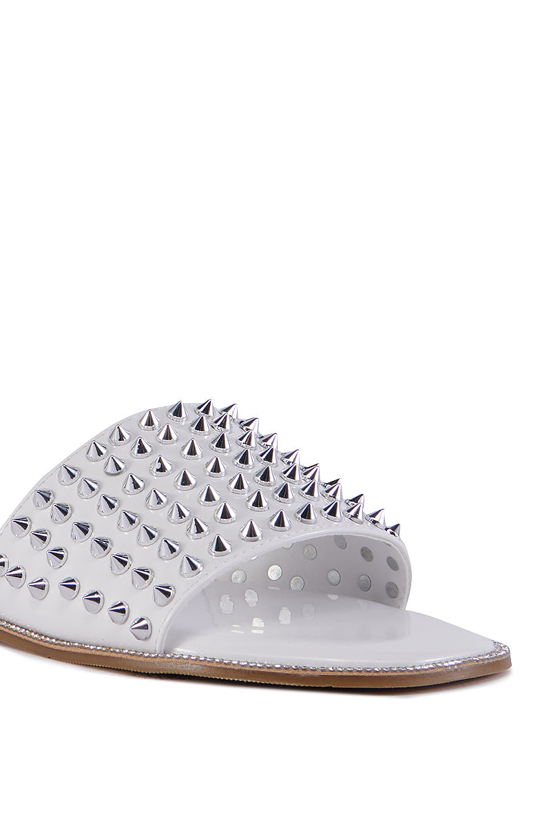 AZALEA WANG EMMONS WHITE SPIKY STUD FLAT SANDAL