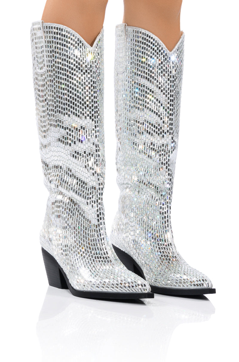 AZALEA WANG DRIVEN RHINESTONE WESTERN BOOT IN SILVER