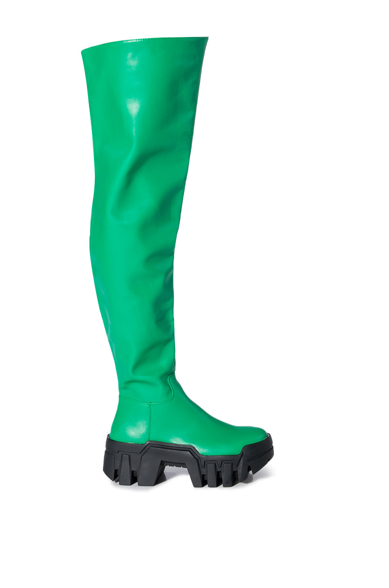 AZALEA WANG SUSIE THIGH HIGH FLATFORM BOOT IN GREEN