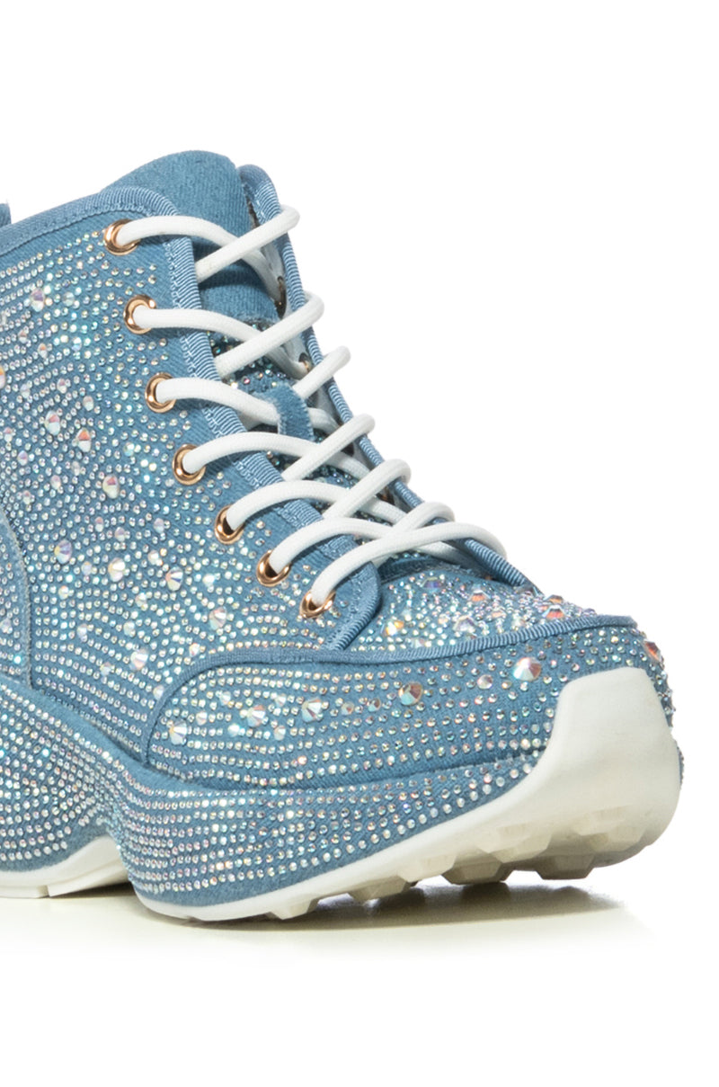 QUEENDOM EMBELLISHED HIGH TOP SNEAKER IN DENIM