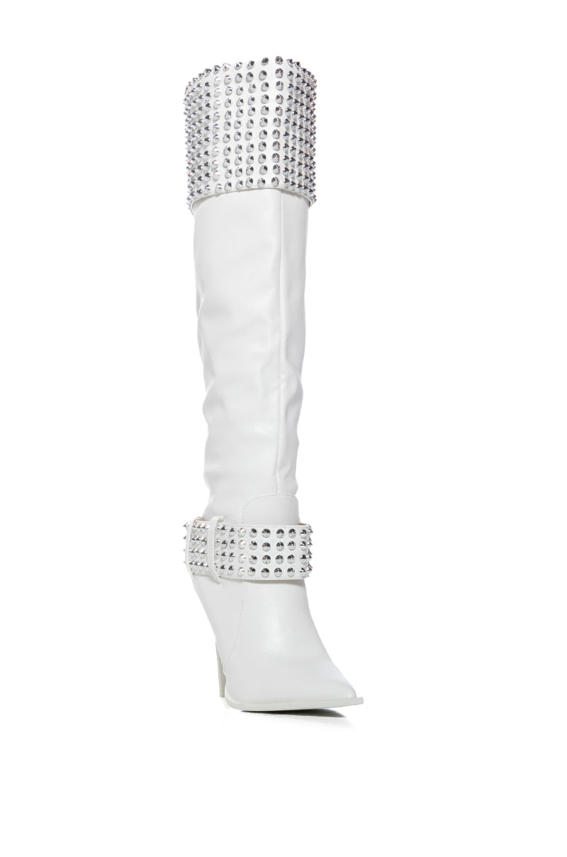 AZALEA WANG MARLENA SILVER STUDDED CREAM BOOT