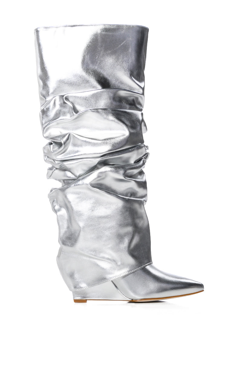 AZALEA WANG ZUMMA METALLIC RUCHED WEDGE BOOT IN SILVER