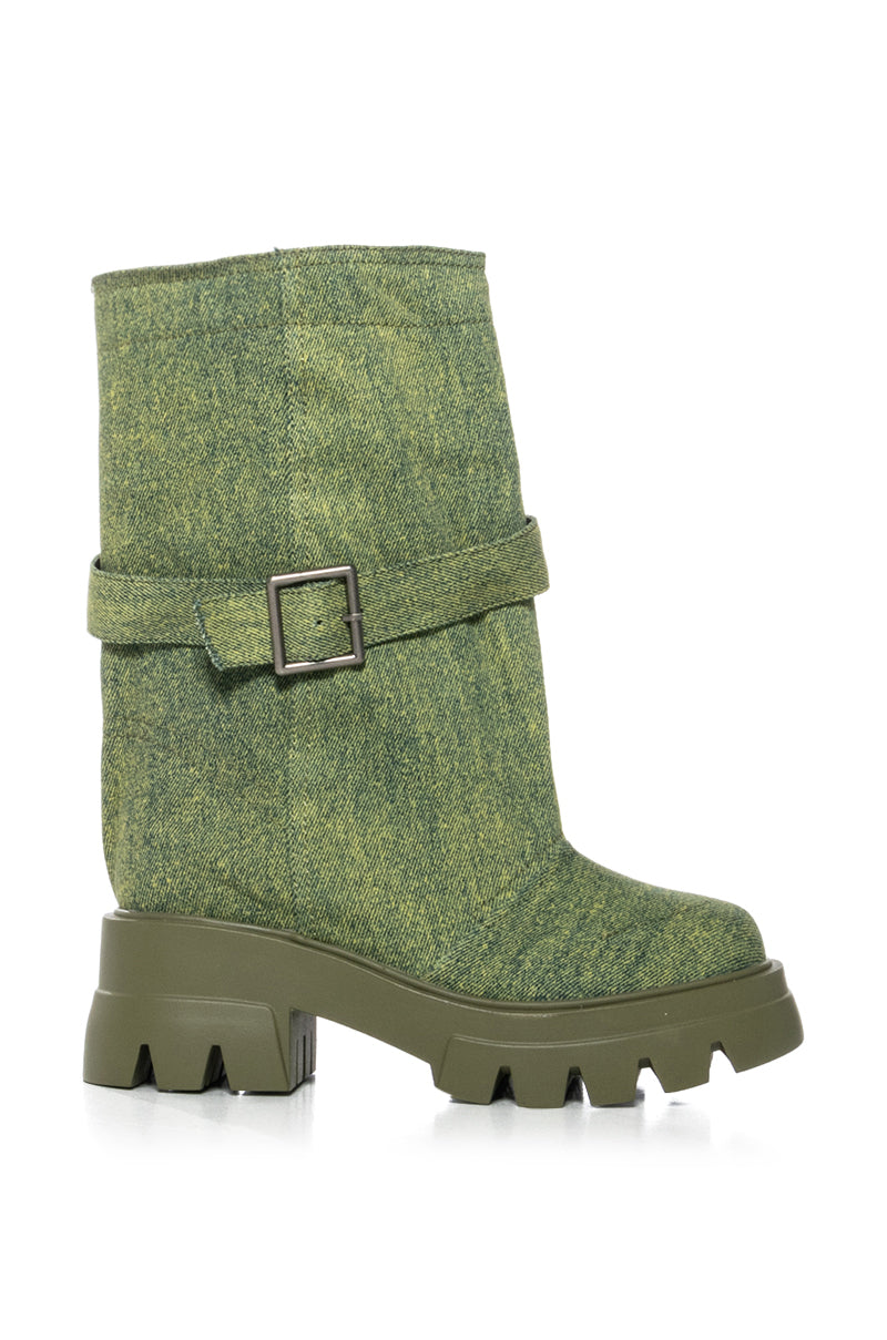 AZALEA WANG MARCELINE BUCKET GREEN DENIM BOOTIE