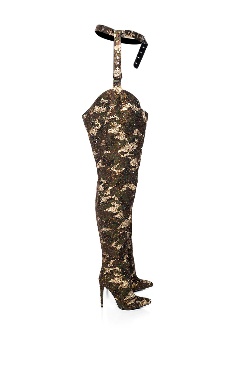 AZALEA WANG BATULA EMBELLISHED BELTED CHAP BOOT IN CAMO