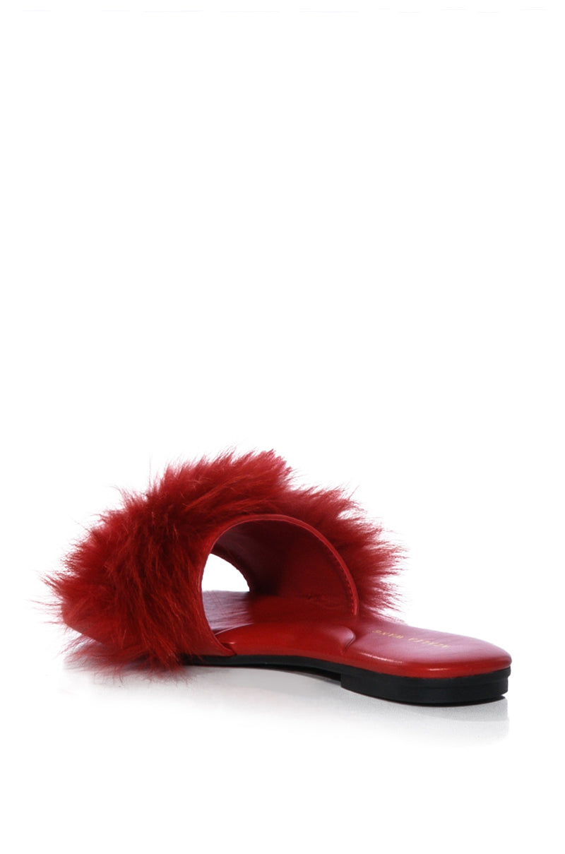 AZALEA WANG FOXY BASIC FUR FLAT SANDAL IN RED