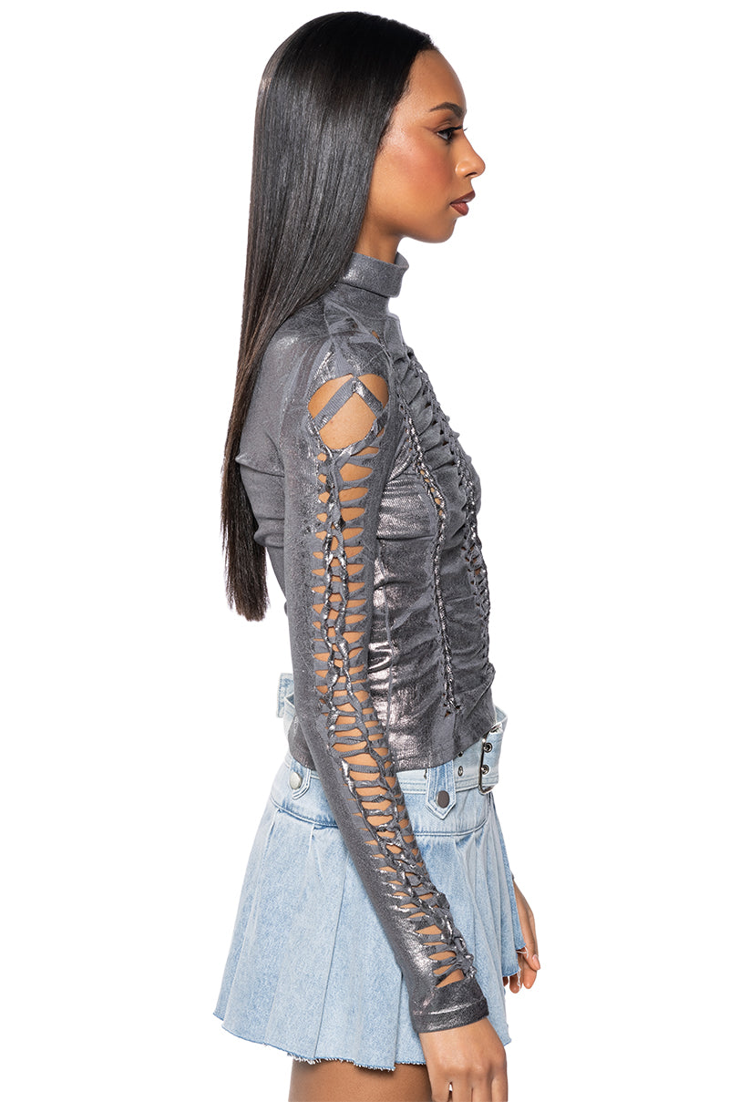 DISTRESSED METALLIC SHEEN TURTLENECK KNIT TOP