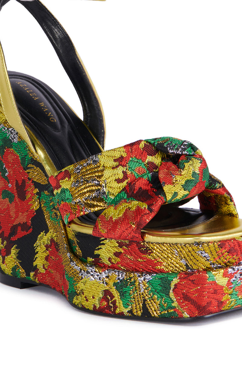 AZALEA WANG CHARMED BROCADE WEDGE SANDAL IN MULTI