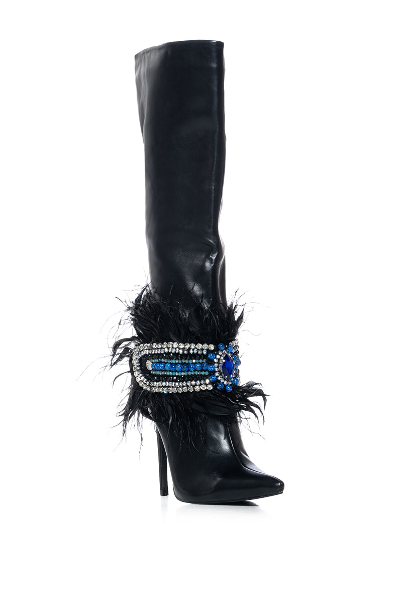 AZALEA WANG LEAD THE WAY FEATHER EMBELLISHED KNEE HIGH BOOT IN BLACK