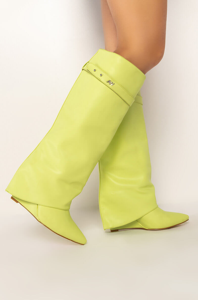 AZALEA WANG MELINA FOLD OVER WEDGE BOOT IN SUNNY LIME