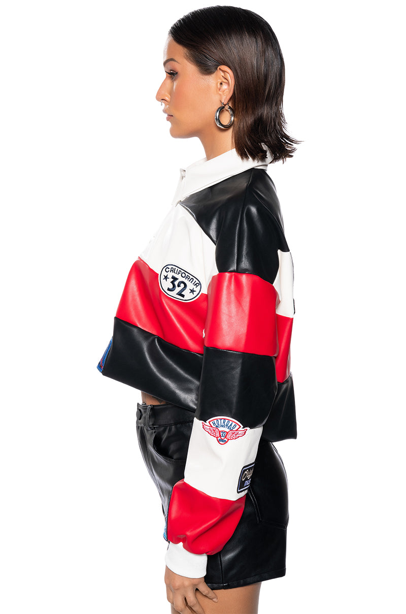 VARSITY LETTER FAUX LEATHER STRIPED PULL OVER