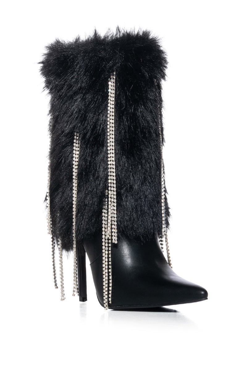 AZALEA WANG STEPHY BLACK FURRY BOOTIE WITH DIAMOND DRIP DETAIL