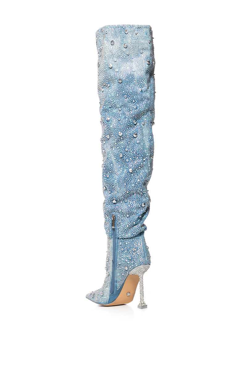 AZALEA WANG DOUGHTY EMBELLISHED THIGH HIGH BOOT IN DENIM