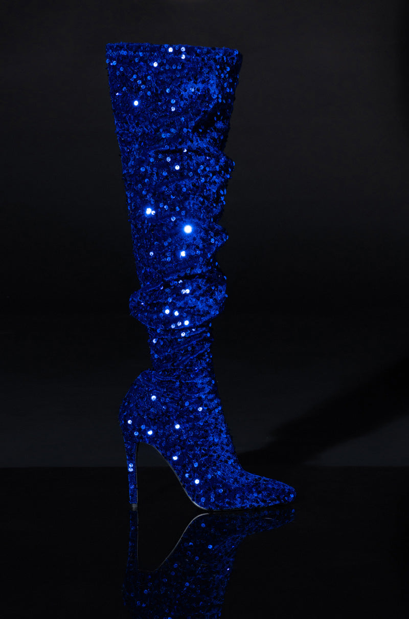 AZALEA WANG ULTRA STRETCH SEQUIN STILETTO BOOT IN BLUE