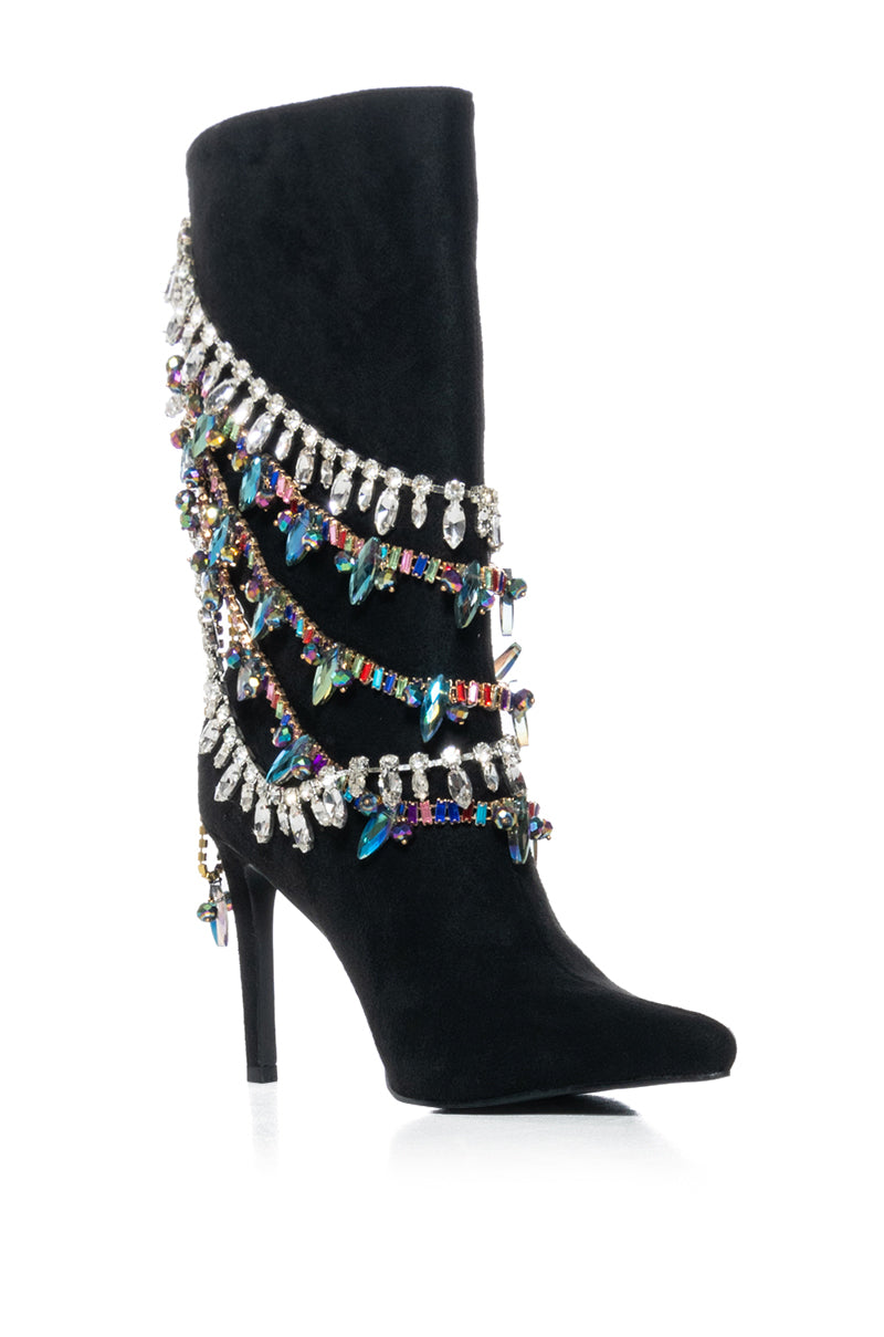 AZALEA WANG CONEJITO BLACK SUEDE BOOTIE WITH RAINBOW DIAMONDS