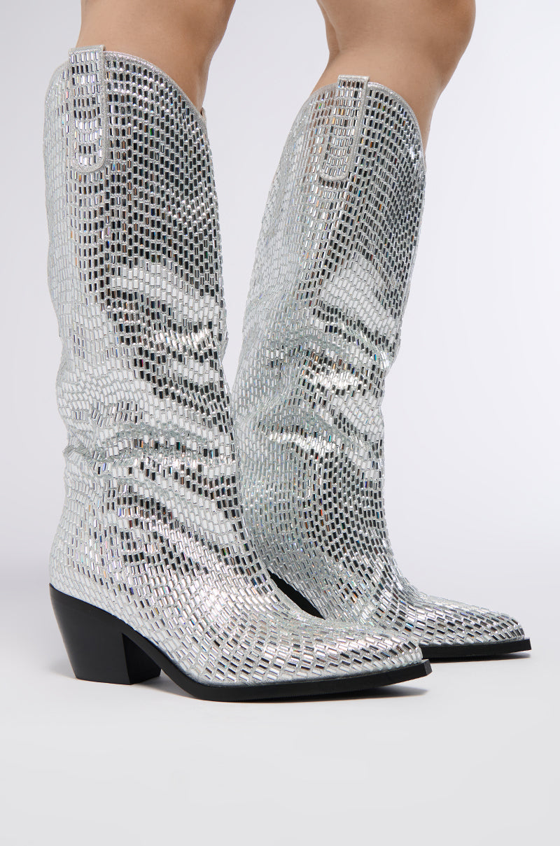 AZALEA WANG DRIVEN RHINESTONE WESTERN BOOT IN SILVER