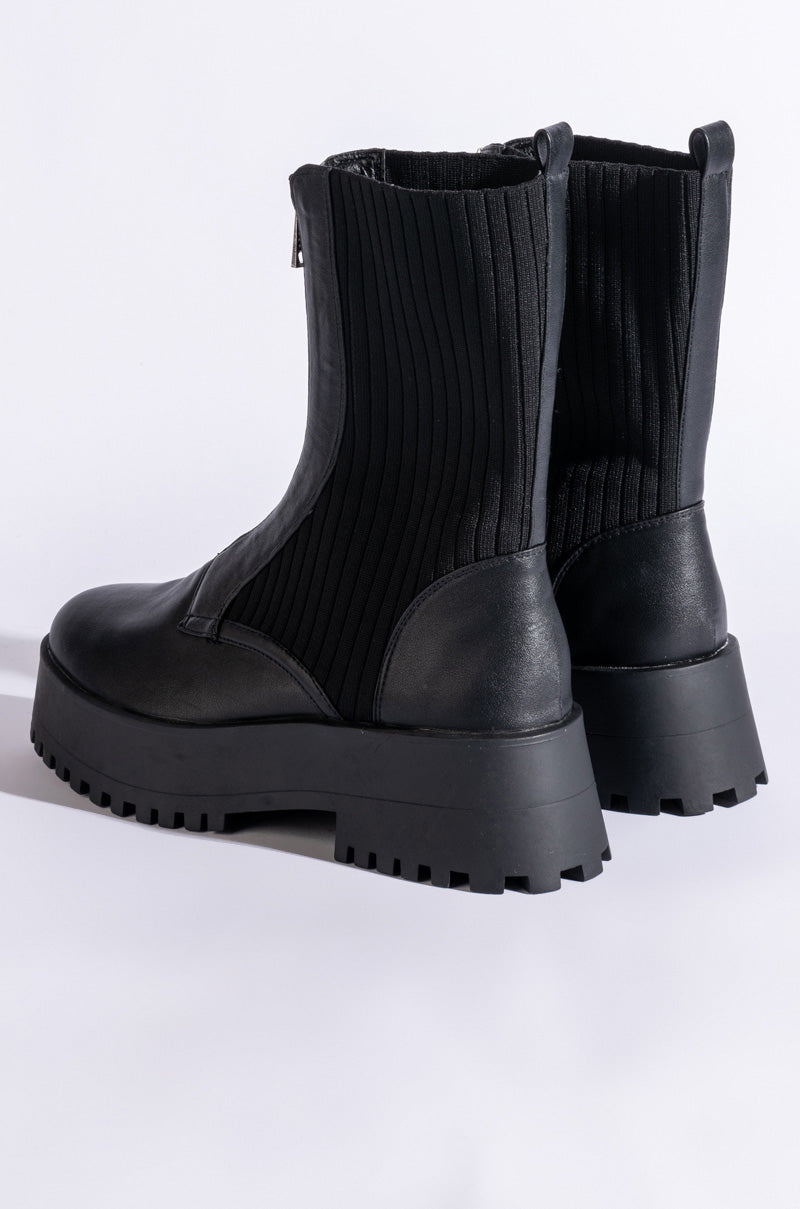 AZALEA WANG KENNEDY KNIT FRONT ZIP FLATFORM BOOTIE IN BLACK
