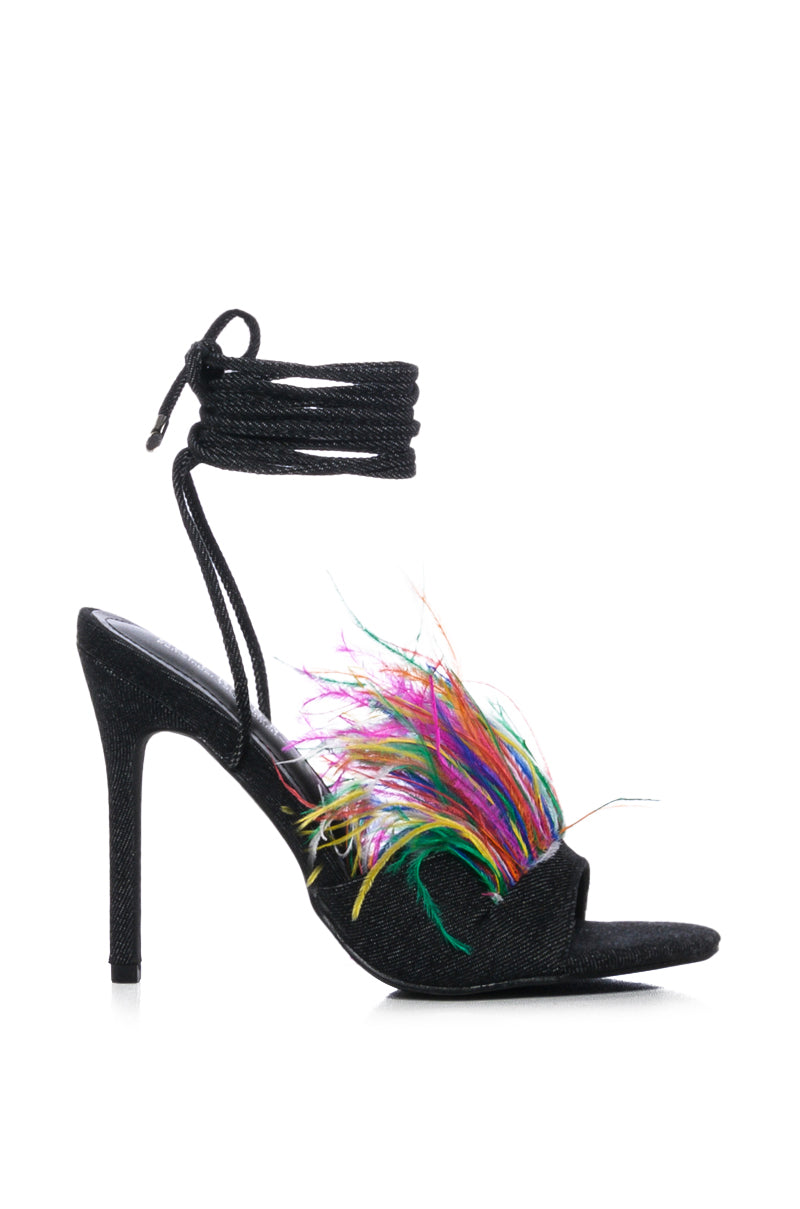 INTO YOU FEATHER DETAIL DENIM STILETTO SANDAL IN BLACK