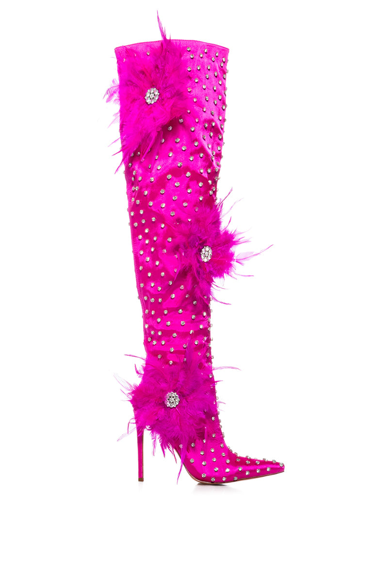 AZALEA WANG TARYN FUCHSIA SATIN FEATHER FLOWER BOOT