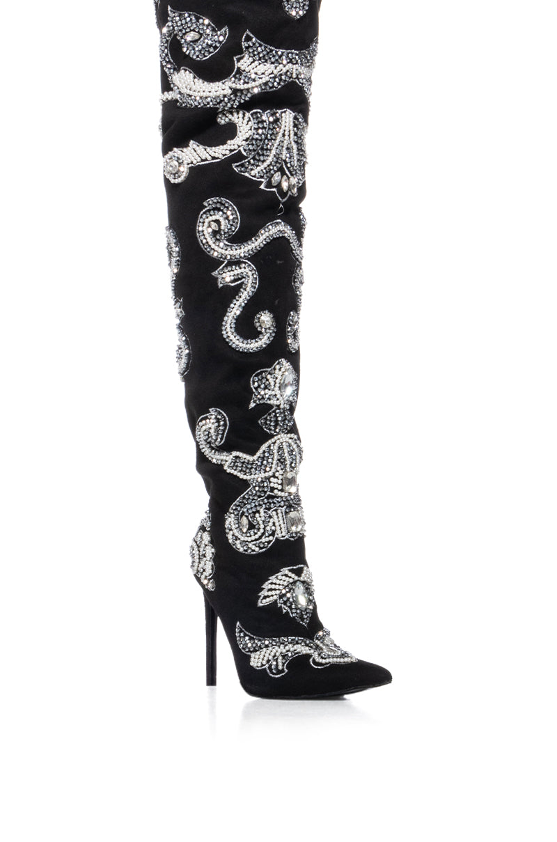 AZALEA WANG EMMETT BEADED EMBELLISHED THIGH HIGH WESTERN BOOT IN BLACK