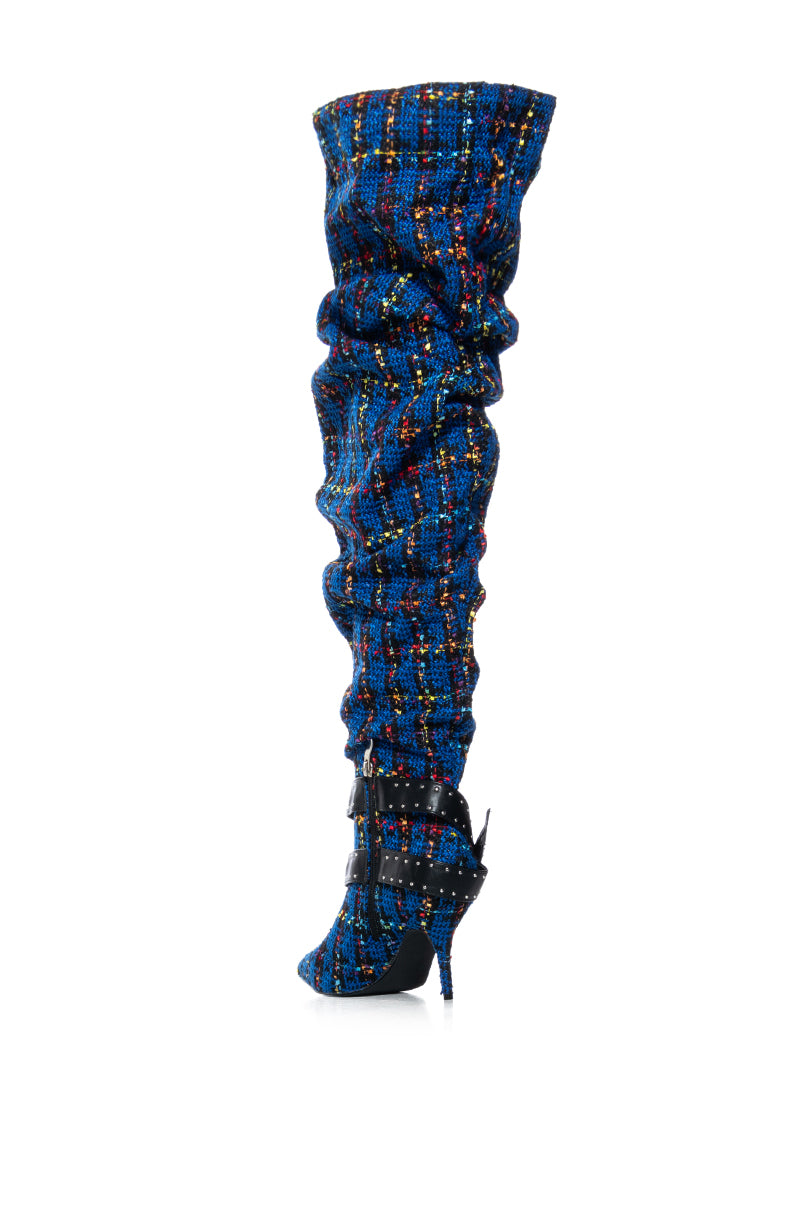 AZALEA WANG TAJA PLAID THIGH HIGH BOOT WITH BUCKLE DETAIL IN BLUE