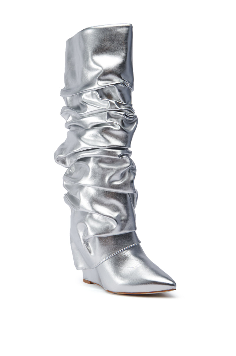 AZALEA WANG ZUMMA METALLIC RUCHED WEDGE BOOT IN SILVER