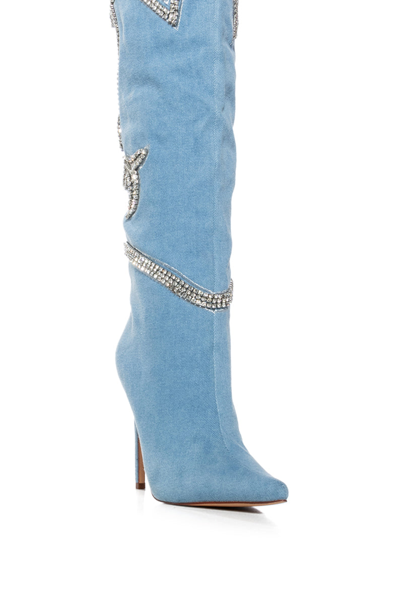 AZALEA WANG EVERLEE DENIM SILVER EMBELLISHED BOOT