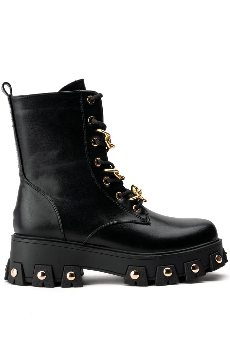 AZALEA WANG MARIE CHAIN LACE UP FLATFORM BOOTIE IN BLACK