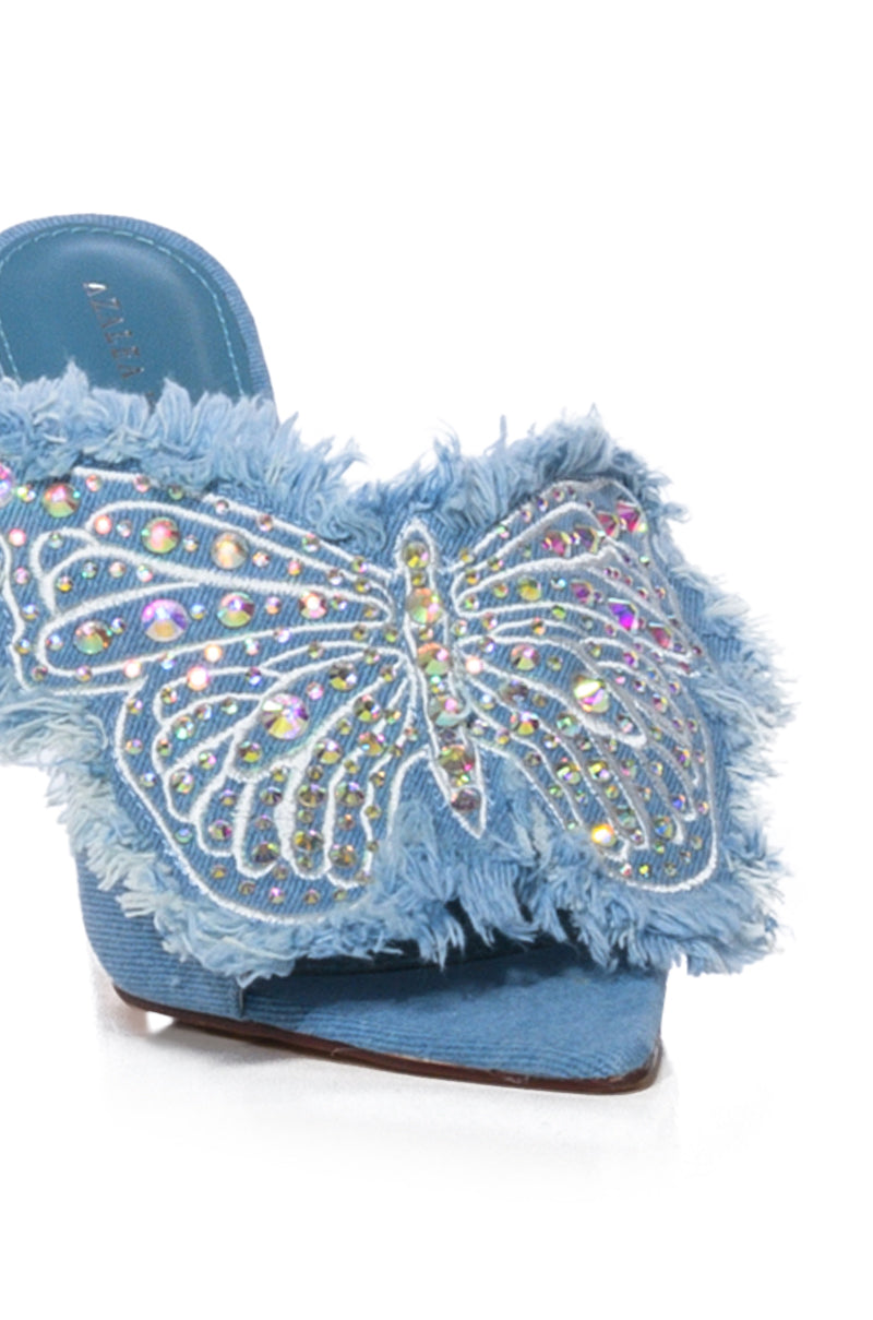 AZALEA WANG ALAYA EMBELLISHED BUTTERFLY STILETTO SANDAL IN DENIM