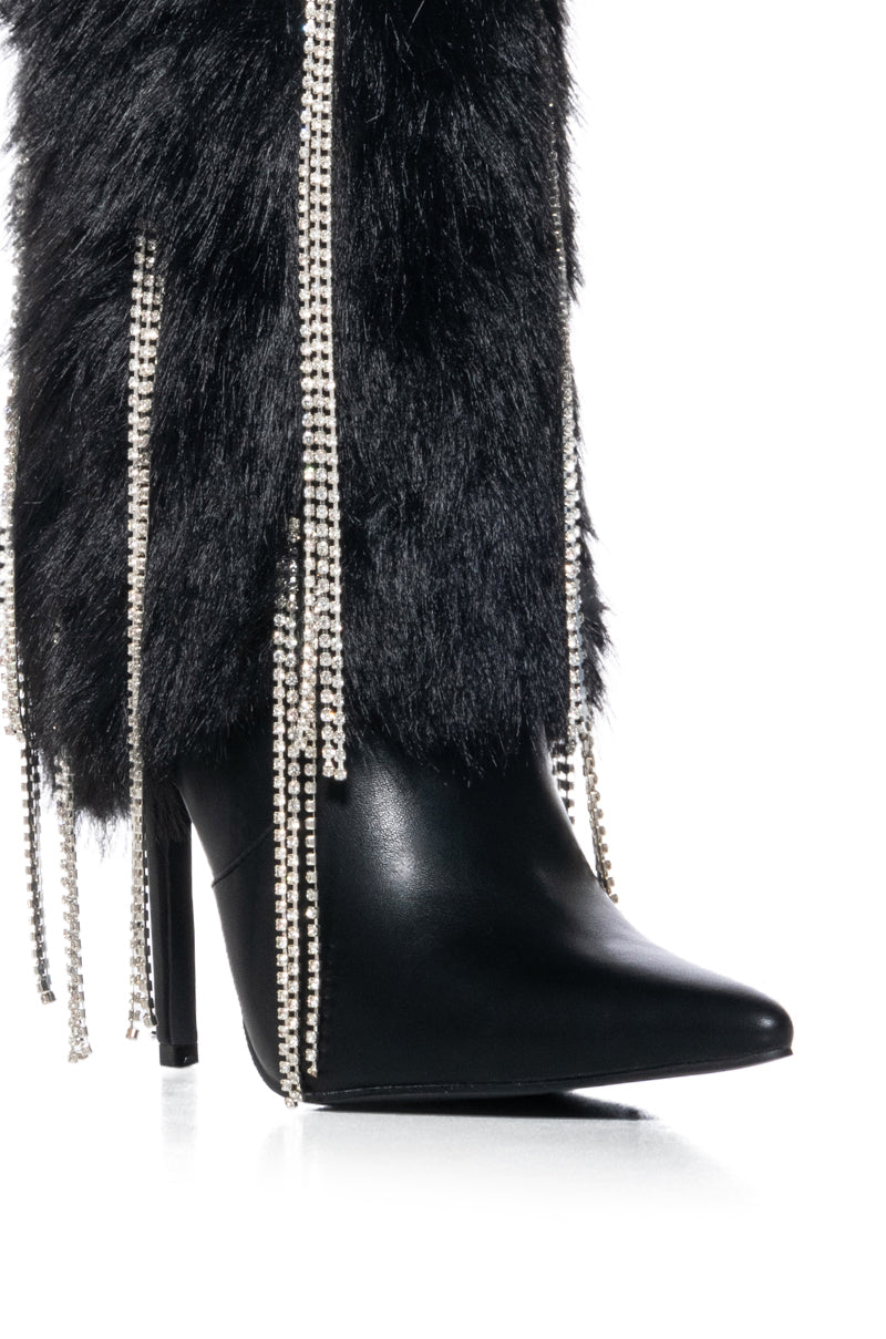 AZALEA WANG STEPHY BLACK FURRY BOOTIE WITH DIAMOND DRIP DETAIL