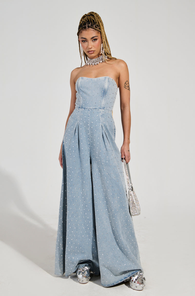 CAN'T OUTSHINE ME DENIM AND RHINESTONE JUMPSUIT