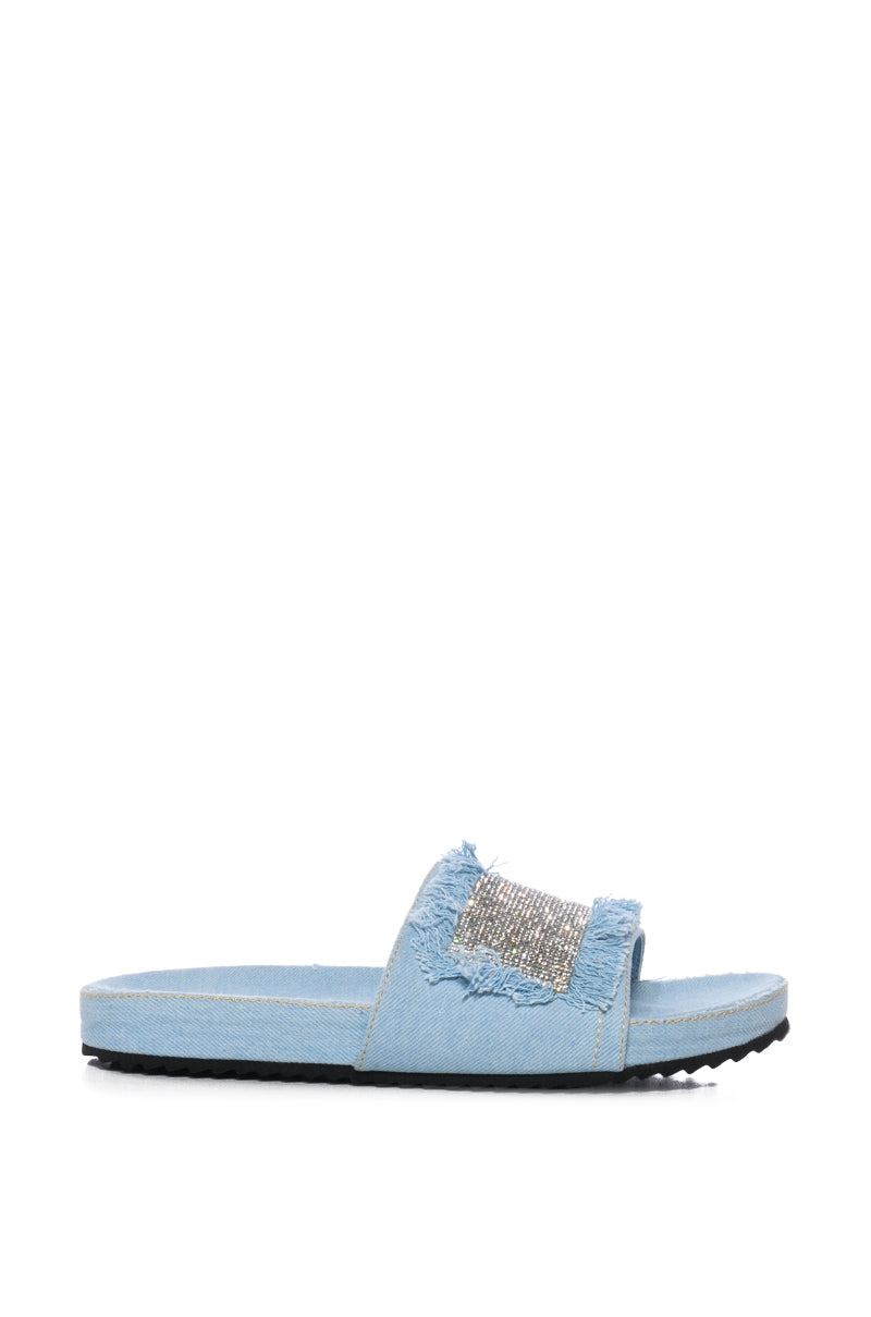 VISE EMBELLISHED SLIP ON DENIM SANDAL IN LIGHT BLUE