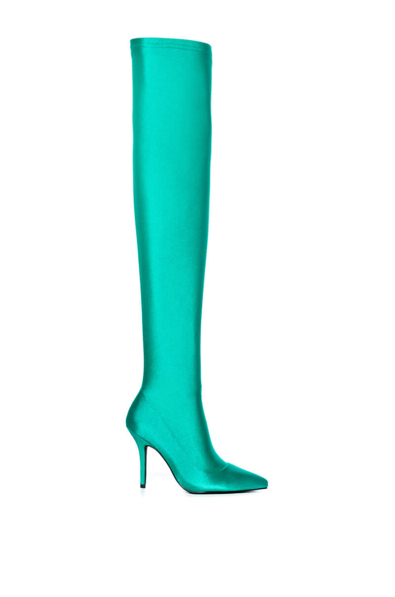 AZALEA WANG HEARTOUT THIGH HIGH STILETTO BOOT IN GREEN STRETCH