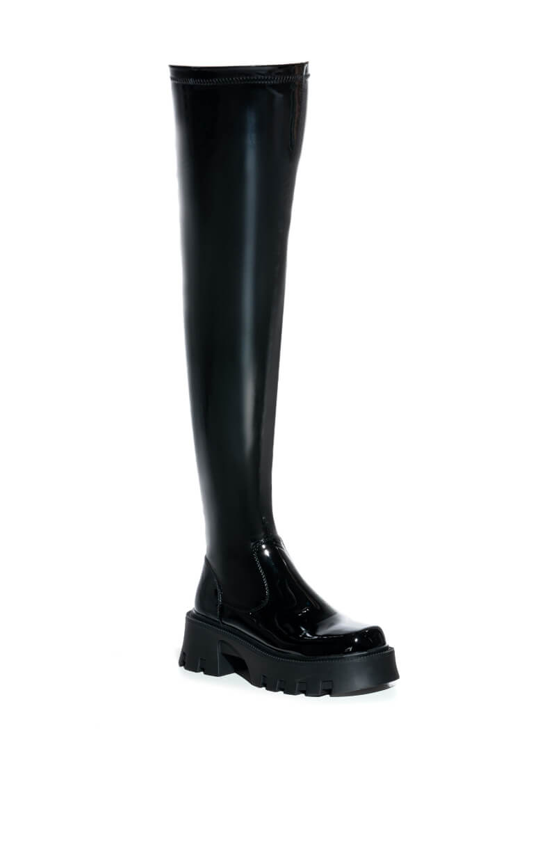 AZALEA WANG MILLY THIGH HIGH FLATFORM BOOT IN BLACK STRETCH