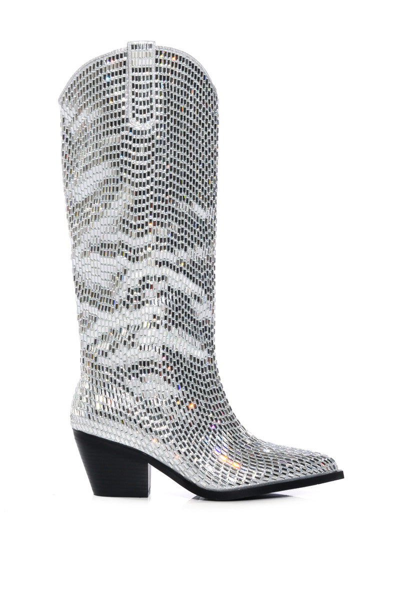 AZALEA WANG DRIVEN RHINESTONE WESTERN BOOT IN SILVER