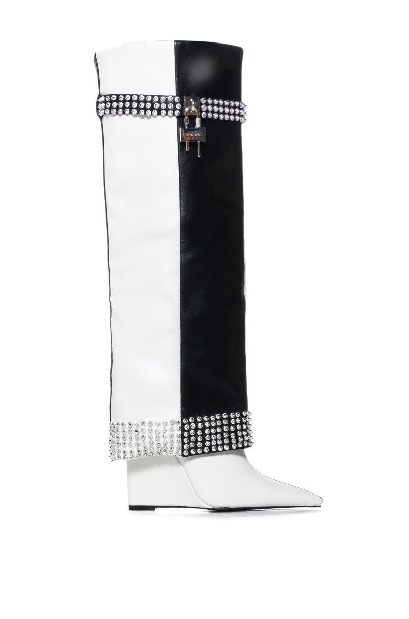 AZALEA WANG SWANS BLACK AND WHITE COLORBLOCK STUDDED BOOT