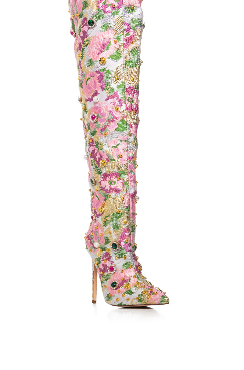 AZALEA WANG ARTISTES BROCADE EMBELLISHED BOOT IN PINK