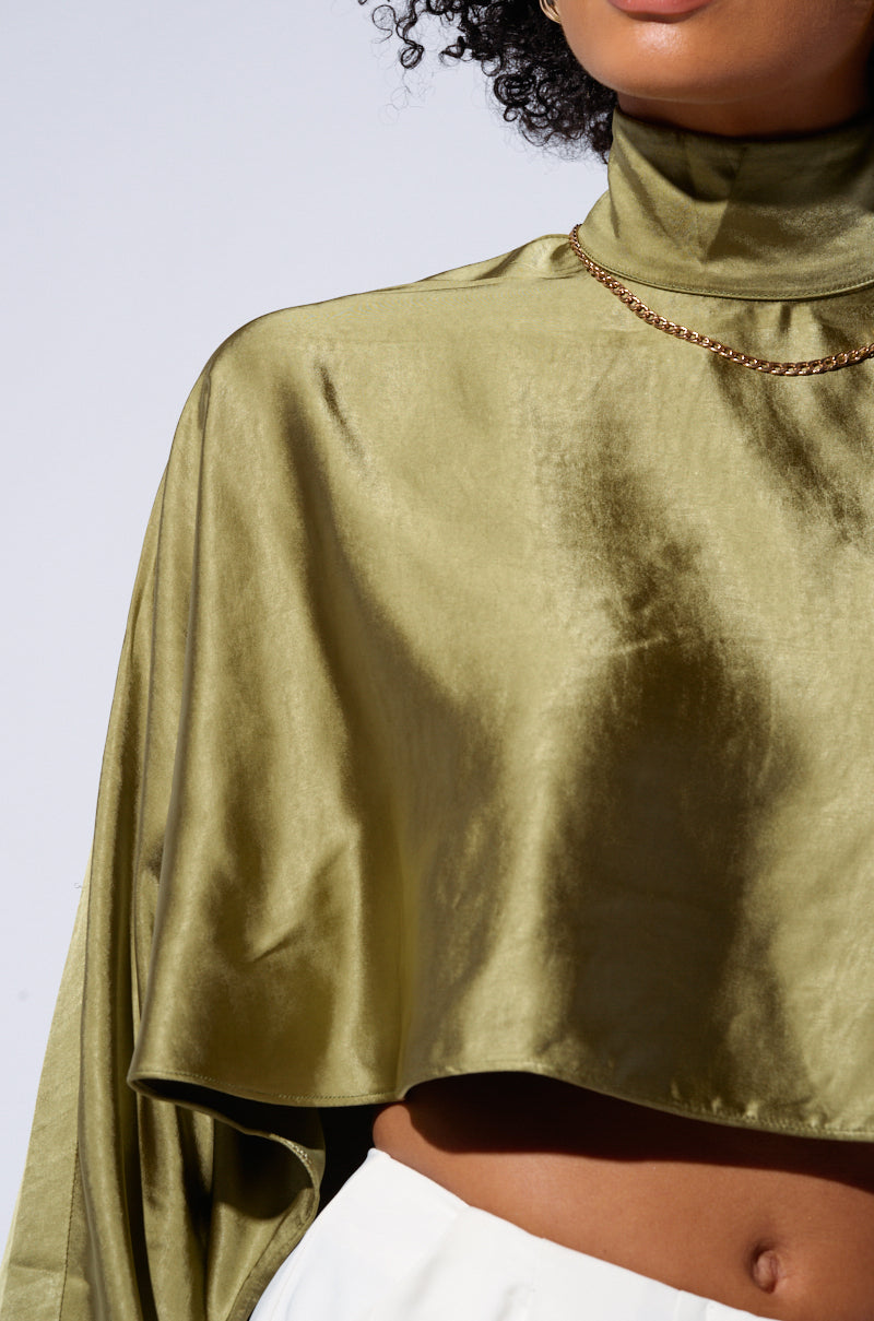 SATIN MOCK NECK BLOUSE IN OLIVE