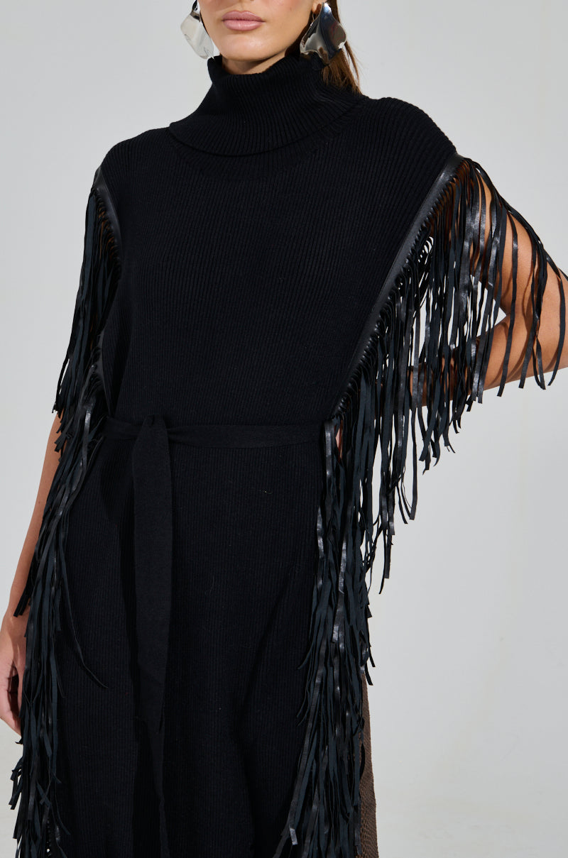 CHEYENNE FAUX BLACK LEATHER FRINGE BELTED SWEATER