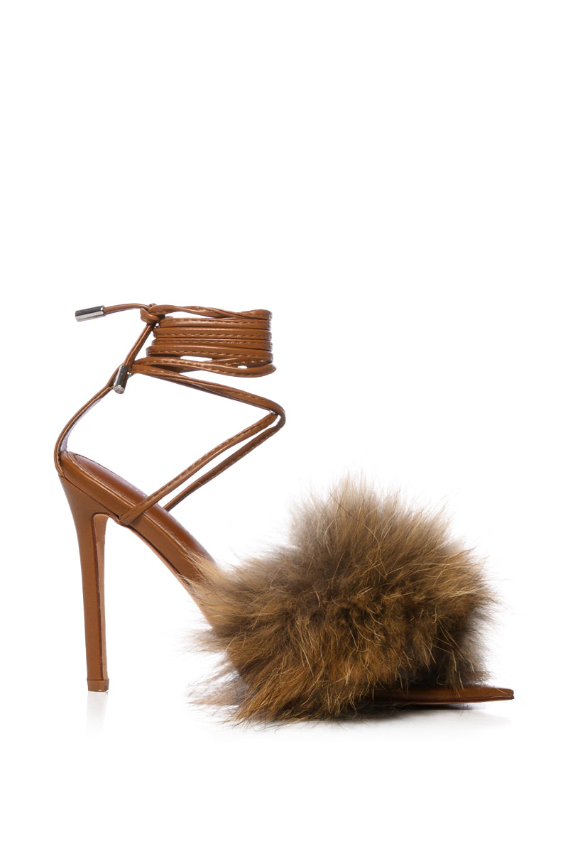 AZALEA WANG BUNNY FUR STILETTO SANDAL IN BROWN