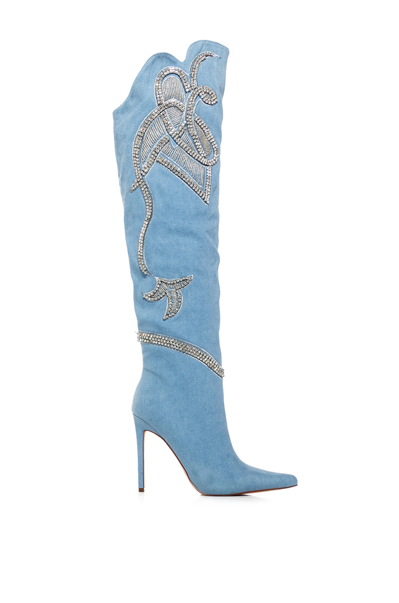 AZALEA WANG EVERLEE DENIM SILVER EMBELLISHED BOOT