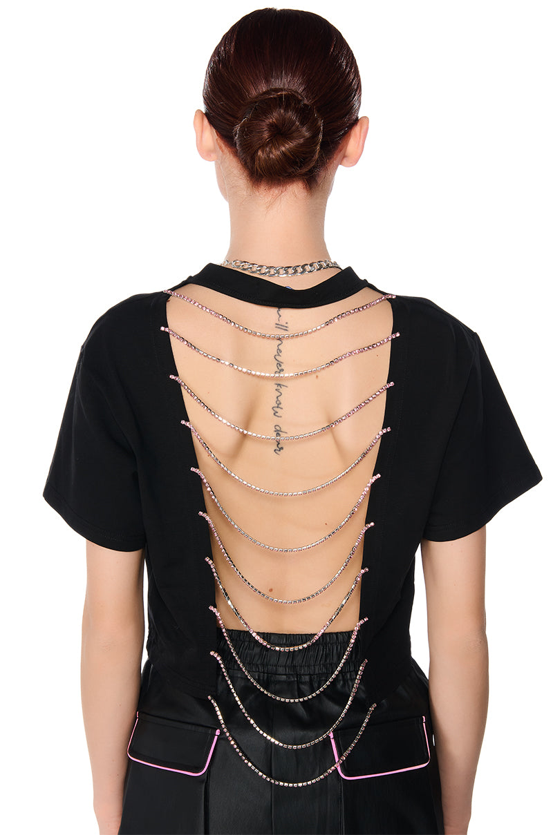 MEGA EMBELLISHED OPEN BACK CROP TSHIRT IN BLACK